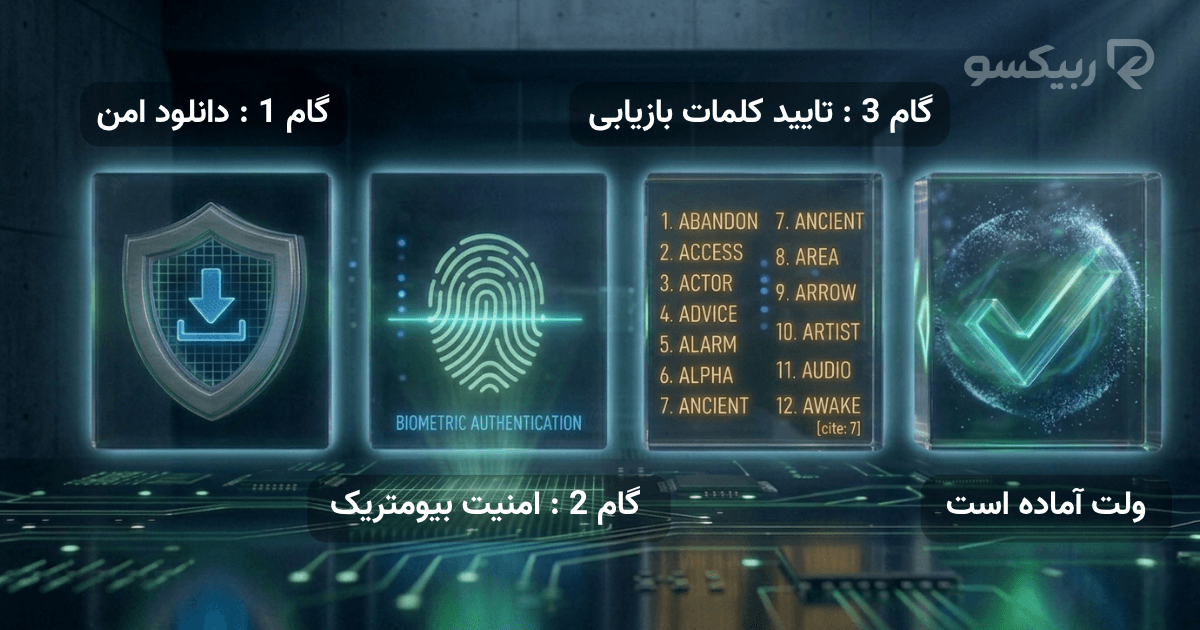 اینفوگرافیک مراحل راه‌اندازی امن کیف پول نرم‌افزاری ارز دیجیتال شامل دانلود، امنیت بیومتریک و تایید کلمات بازیابی
