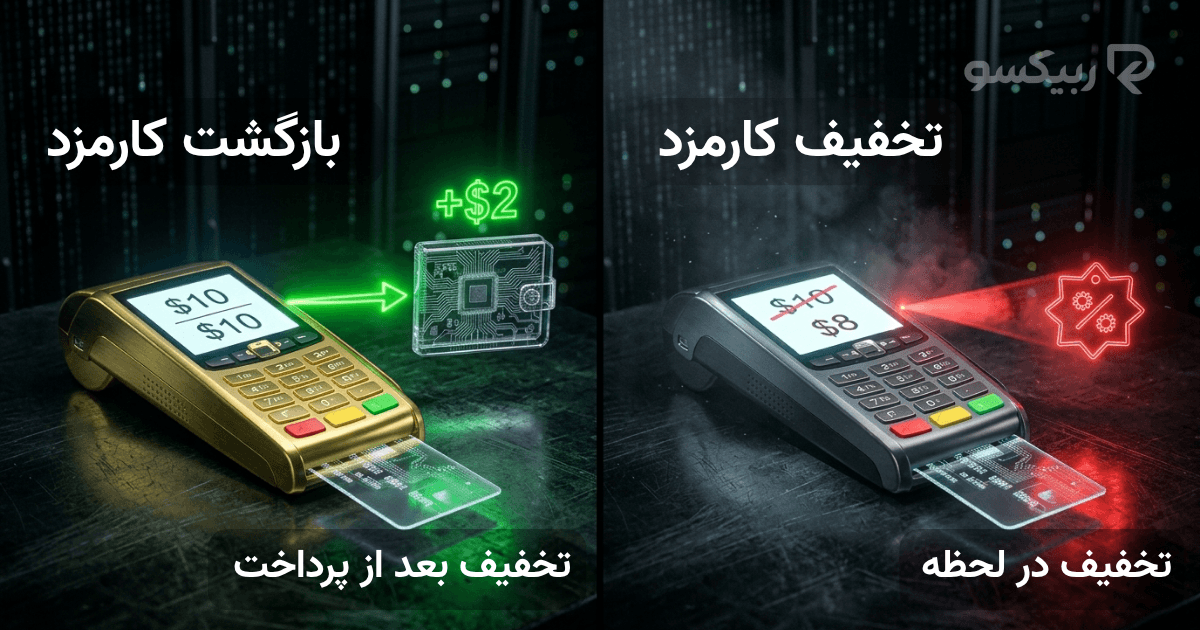 مقایسه تصویری تفاوت سیستم بازگشت کارمزد (ریبیت) با تخفیف کارمزد در لحظه پرداخت