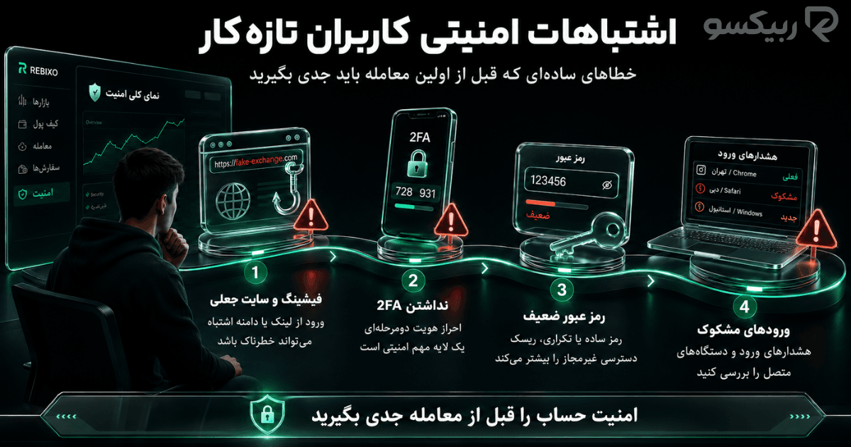 اشتباهات امنیتی کاربران تازهکار در صرافی شامل فیشینگ، نداشتن 2FA، رمز عبور ضعیف و بیتوجهی به ورودهای مشکوک