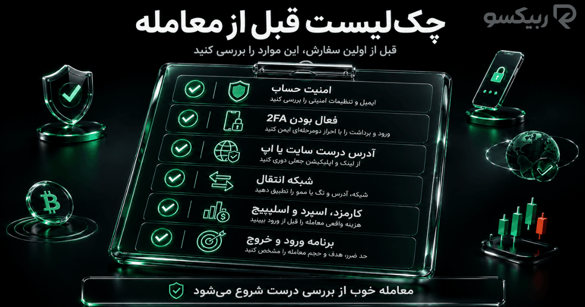 چکلیست قبل از معامله در صرافی شامل امنیت حساب، فعالسازی 2FA، بررسی سایت، شبکه انتقال، هزینه معامله و برنامه خروج